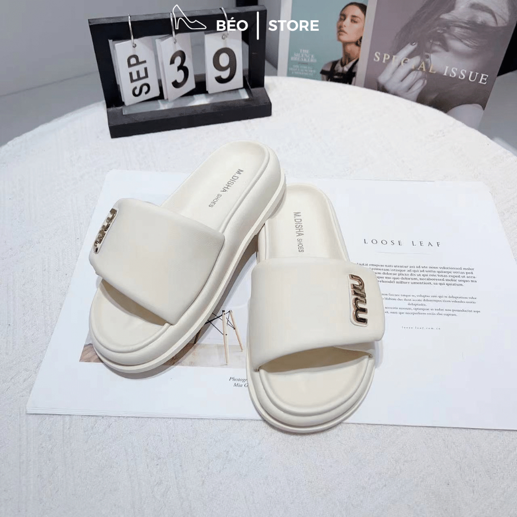 Dép bánh mì quai ngang Miu đế cao 5cm da mềm phong cách Hàn Quốc