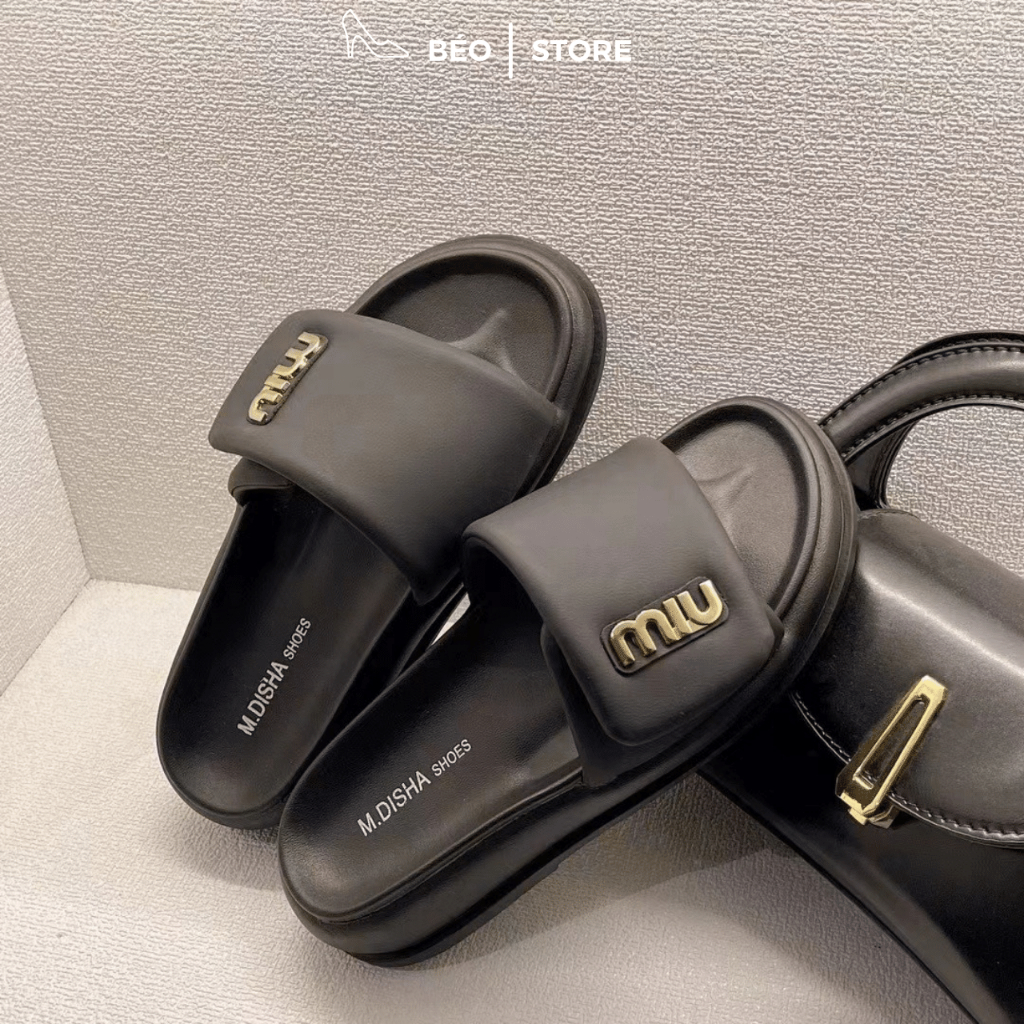 Dép bánh mì quai ngang Miu đế cao 5cm da mềm phong cách Hàn Quốc