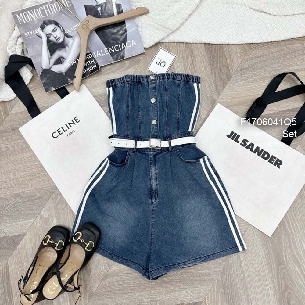 Set bộ jean 2 món phối viền sọc trắng bên áo 2 dây nút croptop kèm quần short!