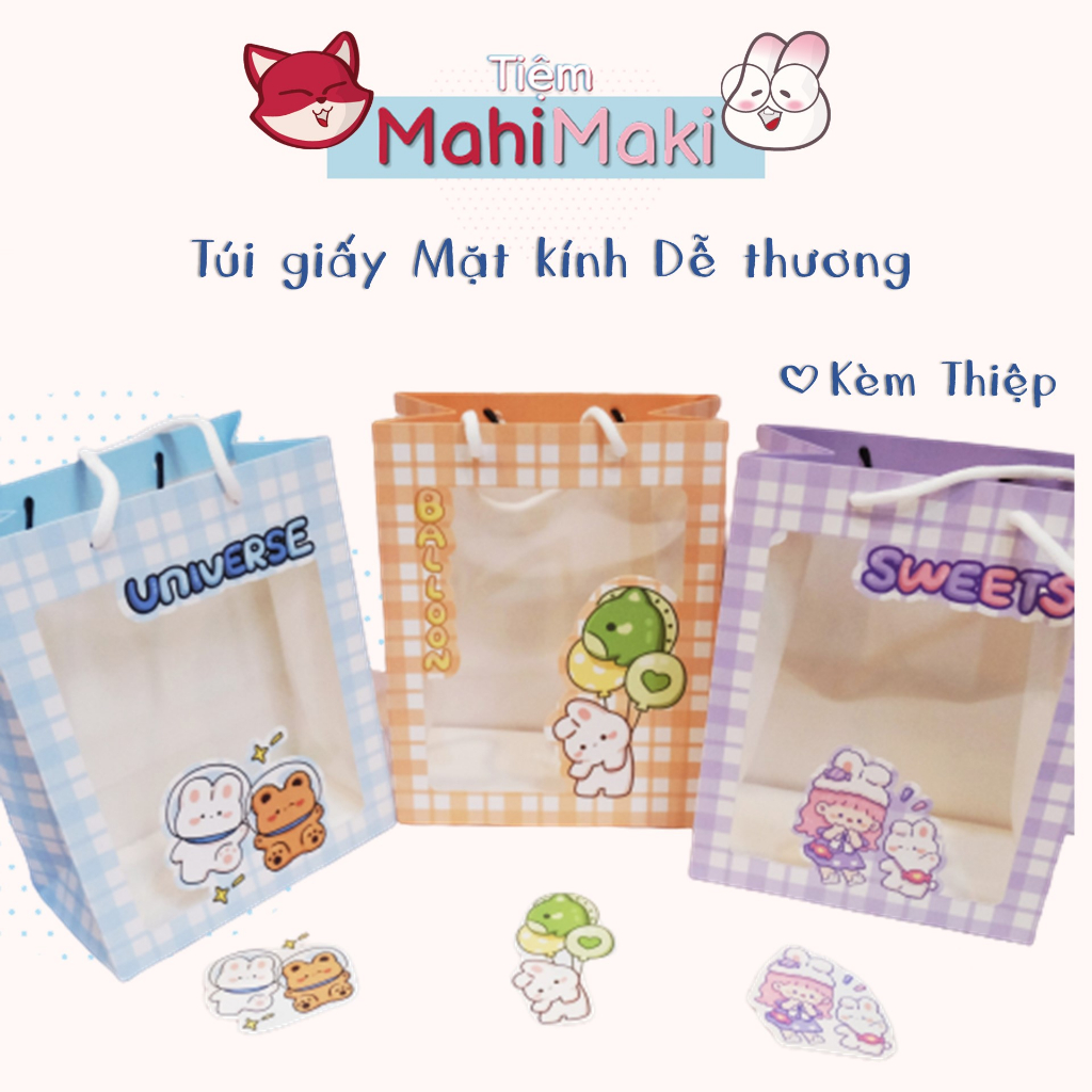 Túi giấy mặt kính có quai xách, túi đựng quà, túi đựng bánh họa tiết dễ thương 23x18x10cm TẶNG KÈM THIỆP