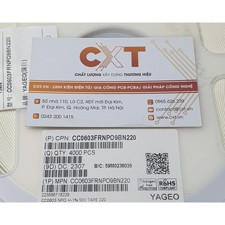 Cc0603frnpo9bn220 cap cer 22pf 50v c0g/npo 0603
