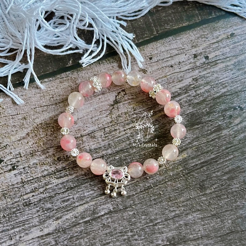 Vòng tay Rhodonite - hoa Tuờng Vi, mix charm xinh đẹp, chất vip A1, trong