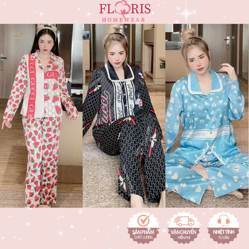 Đồ bộ pijama nữ mặc nhà lụa xước tay dài quần dài in viền sang trọng mềm mịn mát Floris