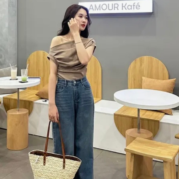 Áo thun trễ vai, xếp ly eo bo chun phàn tay che khuyết điểm Hari GenZ Aotamhanxepli215- P7k3