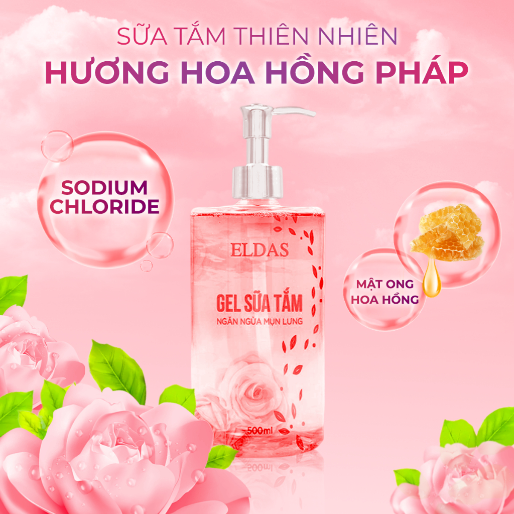 Sữa tắm mụn lưng ELDAS, giảm nang lông với tinh chất TRÀM TRÀ KHỔ QUA ngừa khuẩn ngừa mụn cơ thể 550ml/chai