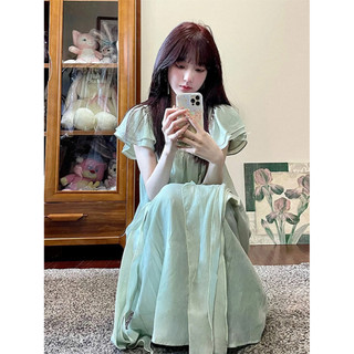 (ORDER) Váy voan màu xanh tươi mát cổ vuông suông rộng xòe dài kèm tua rua lượn sóng điệu đà