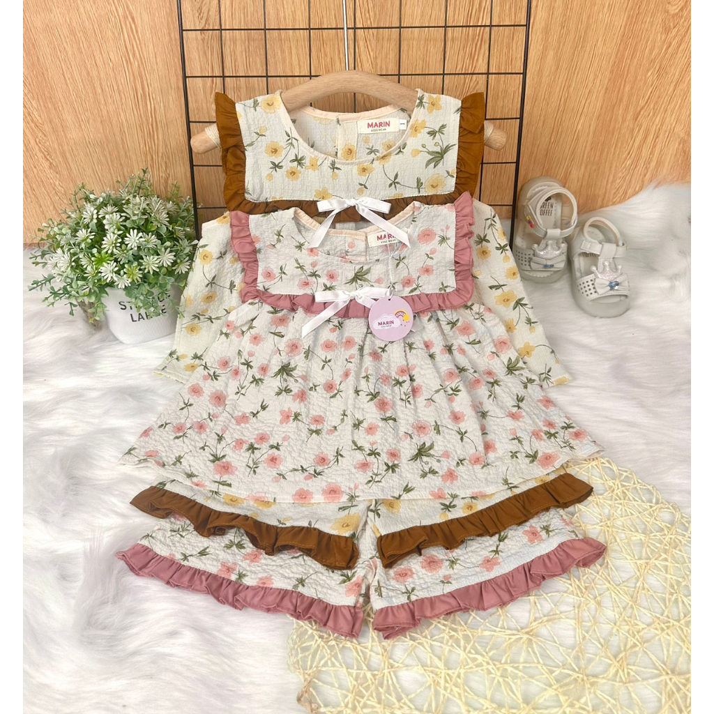 Bộ bé gái mùa hè, Set bộ sát nách phối bèo cổ dễ thương cho bé, Bộ đi học cho bé gái Marin Kids M09