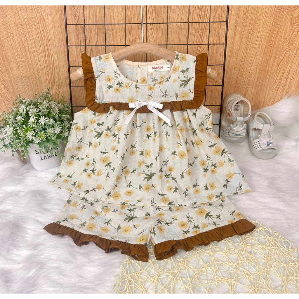Bộ bé gái mùa hè, Set bộ sát nách phối bèo cổ dễ thương cho bé, Bộ đi học cho bé gái Marin Kids M09