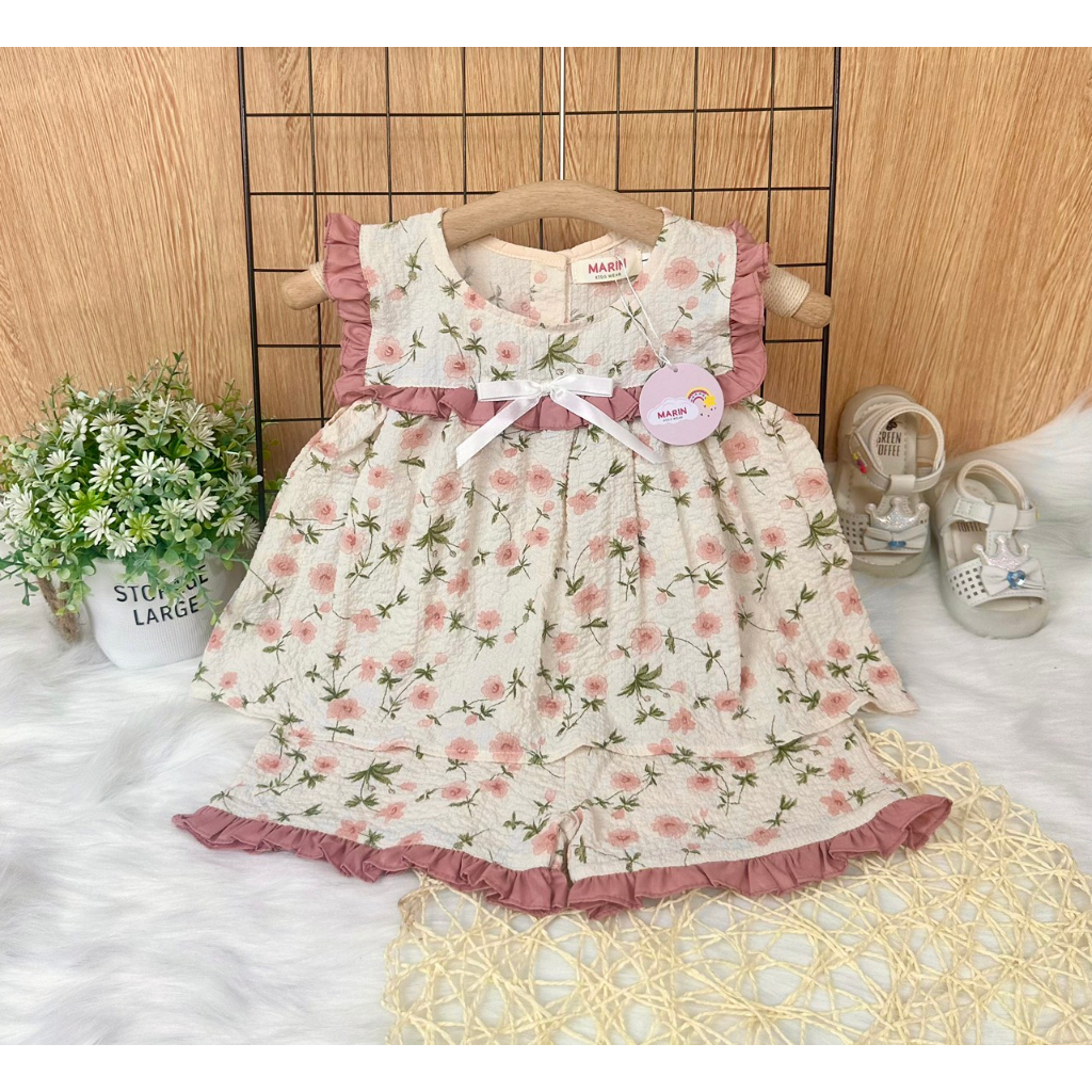 Bộ bé gái mùa hè, Set bộ sát nách phối bèo cổ dễ thương cho bé, Bộ đi học cho bé gái Marin Kids M09