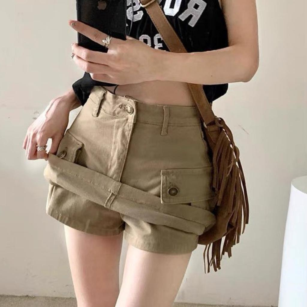 Chân váy túi hộp Chân Váy chữ A Túi Hộp Khuy Sắt, chất Liệu Kaki HELLOMAY Chân váy ngắn chữ A lưng cao kèm lót