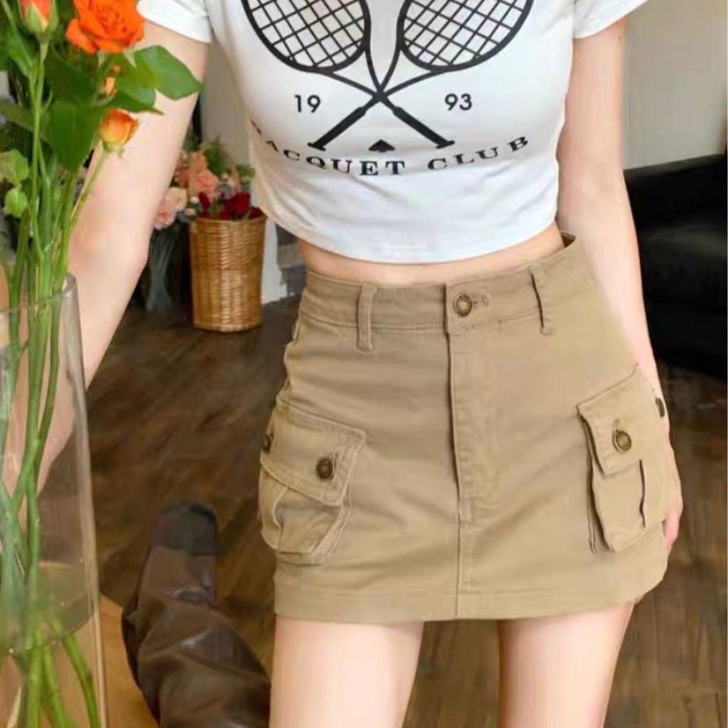 Chân váy túi hộp Chân Váy chữ A Túi Hộp Khuy Sắt, chất Liệu Kaki HELLOMAY Chân váy ngắn chữ A lưng cao kèm lót