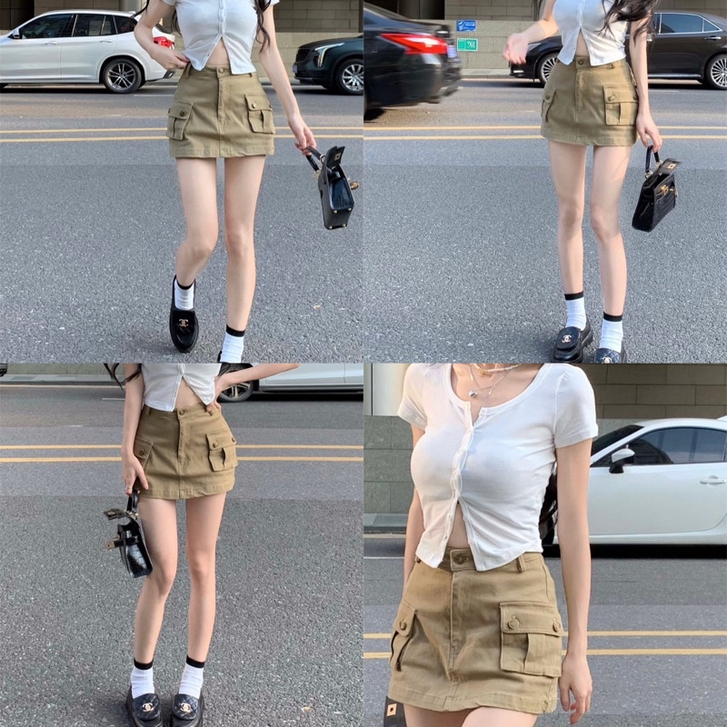 Chân váy túi hộp Chân Váy chữ A Túi Hộp Khuy Sắt, chất Liệu Kaki HELLOMAY Chân váy ngắn chữ A lưng cao kèm lót