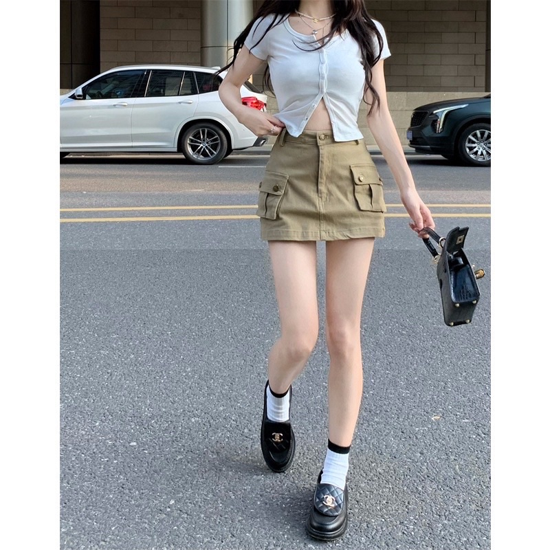 Chân váy túi hộp Chân Váy chữ A Túi Hộp Khuy Sắt, chất Liệu Kaki HELLOMAY Chân váy ngắn chữ A lưng cao kèm lót