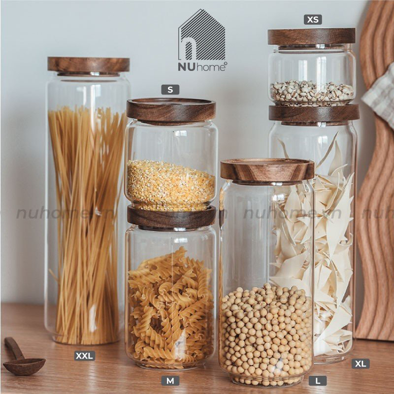 Hũ thuỷ tinh nắp gỗ | nuhome.vn | lọ thuỷ tinh đựng gia vị, đồ khô, nắp có ron cao su kín khí, sang trọng