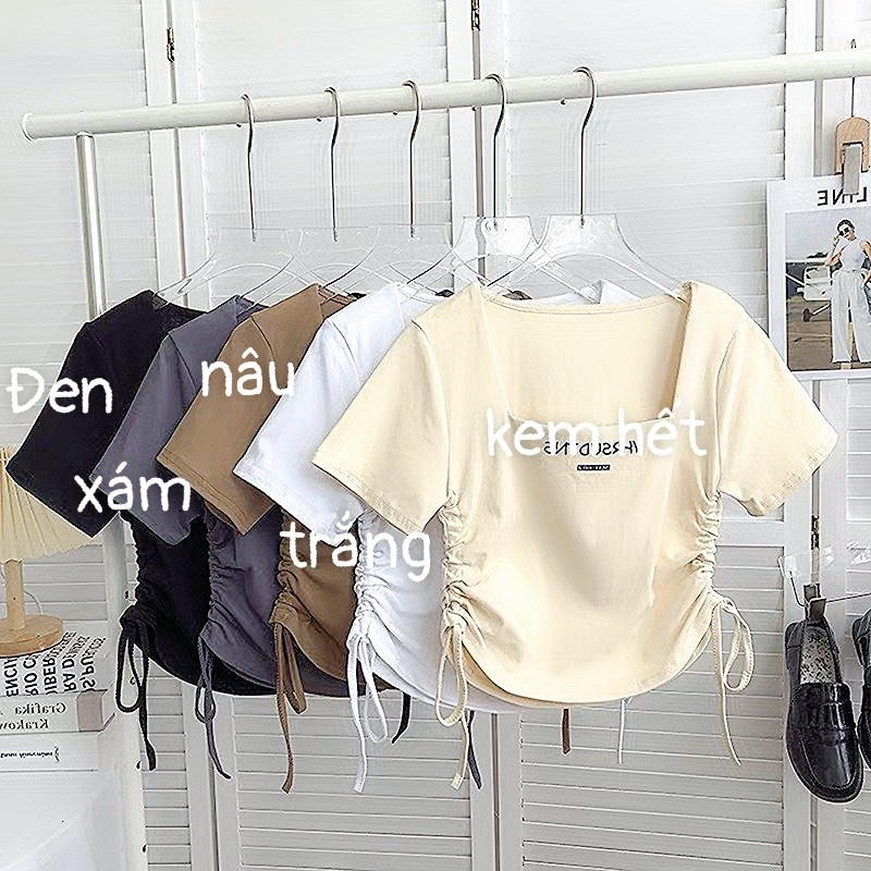 Áo thun nữ tay ngắn dây rút cổ vuông 5 màu đẹp xinh thun tici LIVATA M143