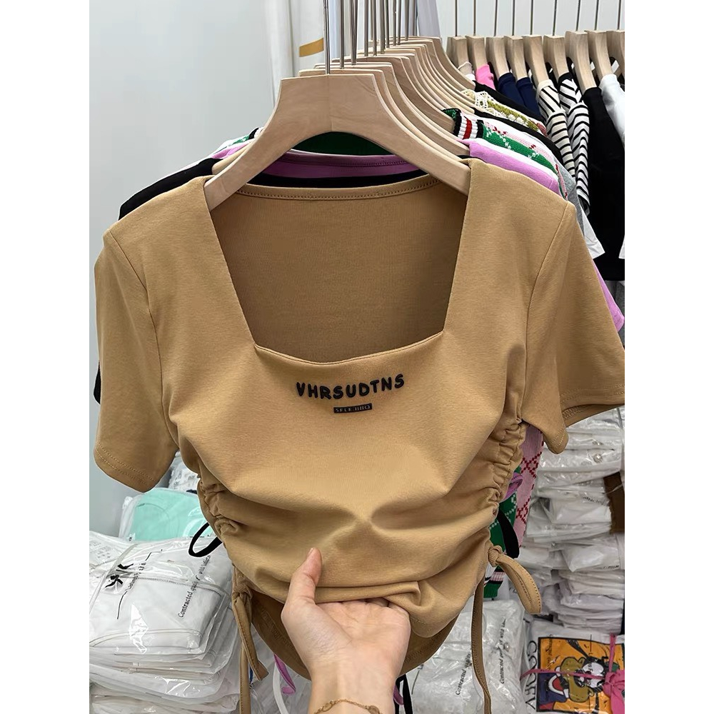 Áo thun nữ tay ngắn dây rút cổ vuông 5 màu đẹp xinh thun tici LIVATA M143