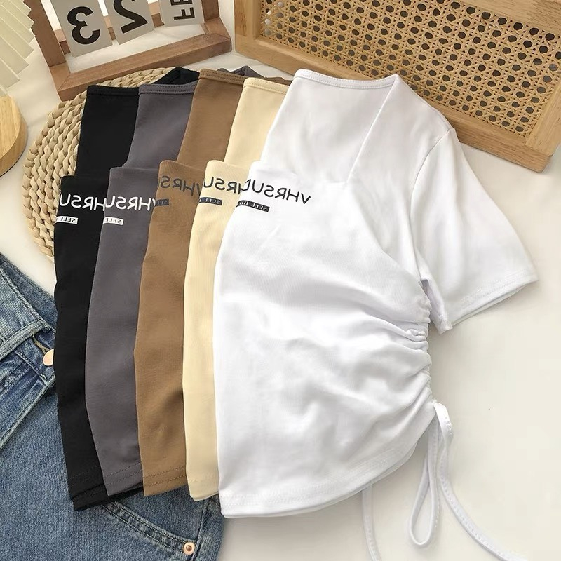 Áo thun nữ tay ngắn dây rút cổ vuông 5 màu đẹp xinh thun tici LIVATA M143