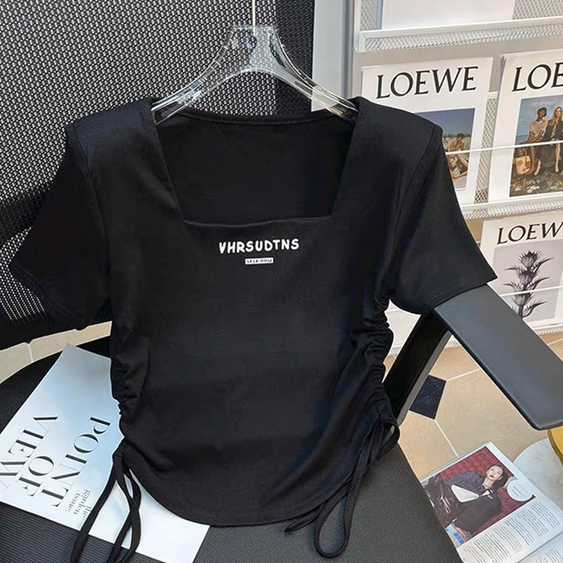 Áo thun nữ tay ngắn dây rút cổ vuông 5 màu đẹp xinh thun tici LIVATA M143