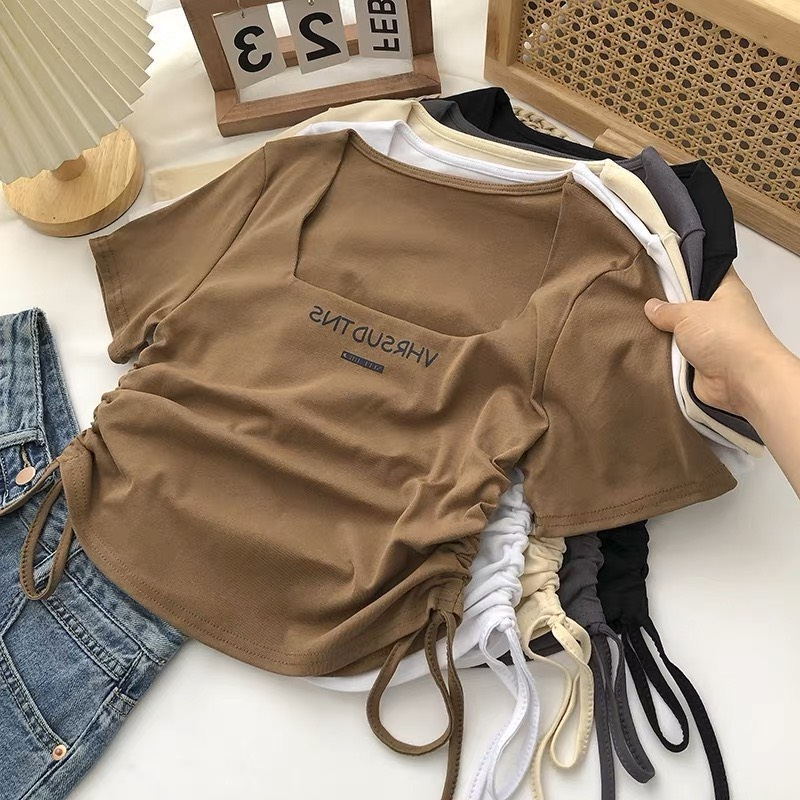 Áo thun nữ tay ngắn dây rút cổ vuông 5 màu đẹp xinh thun tici LIVATA M143