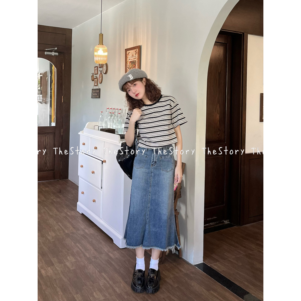 Chân váy jean dáng dài tua rua gấu  CV362