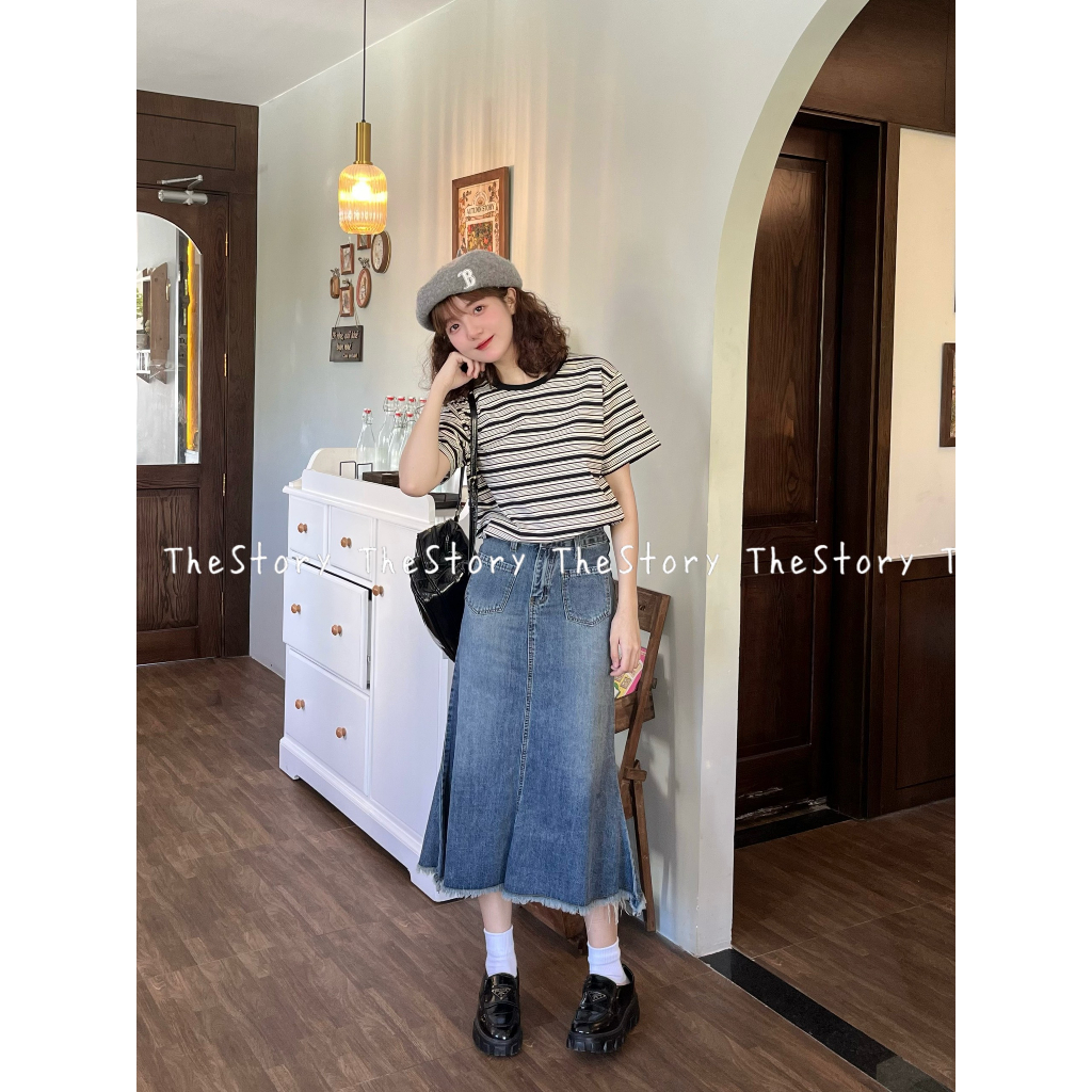 Chân váy jean dáng dài tua rua gấu  CV362