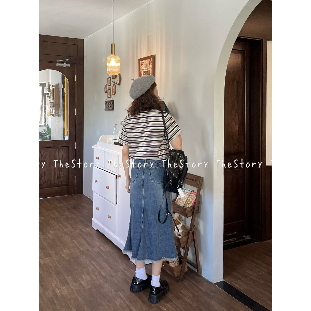 Chân váy jean dáng dài tua rua gấu  CV362