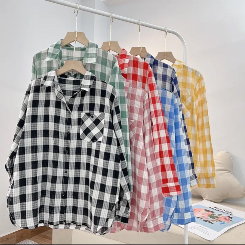 Áo Sơmi Nữ Kẻ Ô Hot Bảng Màu Tươi Xinh Xắn Form Rộng Phong Cách Hàn Quốc