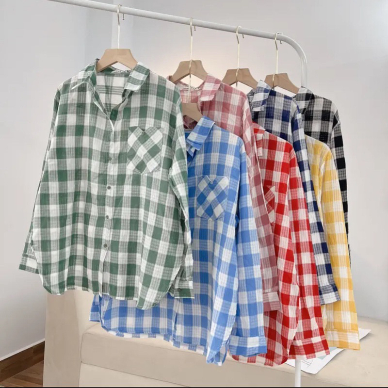 Áo Sơmi Nữ Kẻ Ô Hot Bảng Màu Tươi Xinh Xắn Form Rộng Phong Cách Hàn Quốc