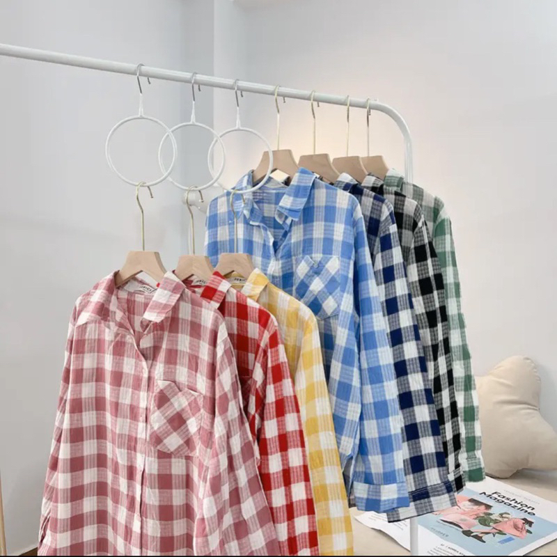 Áo Sơmi Nữ Kẻ Ô Hot Bảng Màu Tươi Xinh Xắn Form Rộng Phong Cách Hàn Quốc