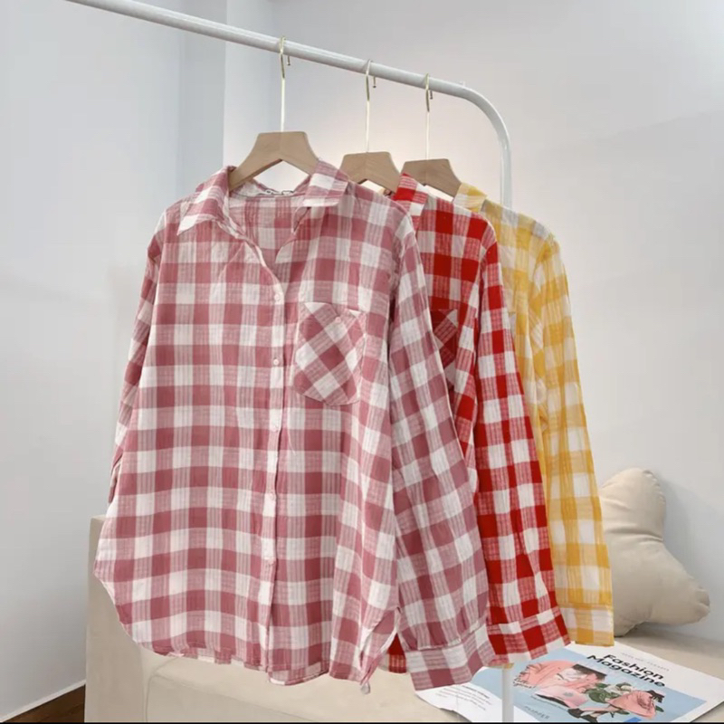 Áo Sơmi Nữ Kẻ Ô Hot Bảng Màu Tươi Xinh Xắn Form Rộng Phong Cách Hàn Quốc