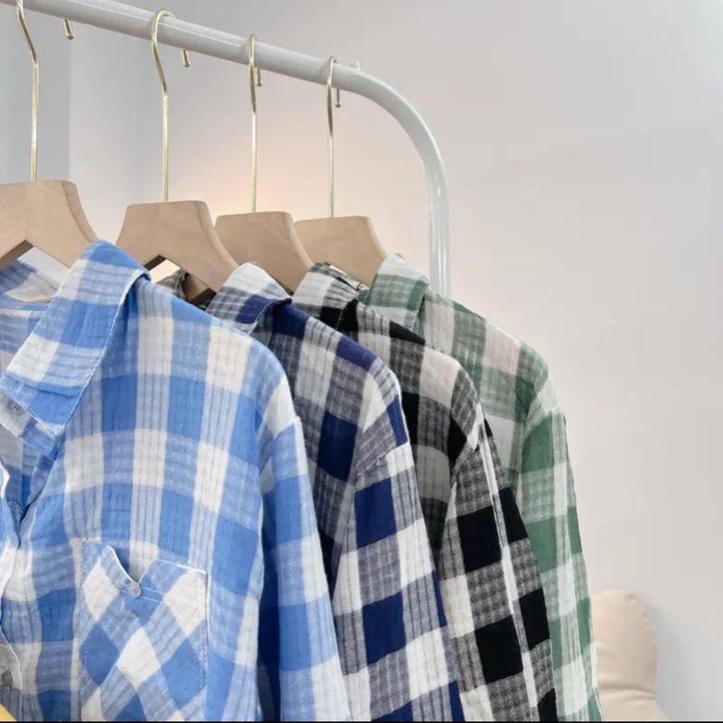 Áo Sơmi Nữ Kẻ Ô Hot Bảng Màu Tươi Xinh Xắn Form Rộng Phong Cách Hàn Quốc