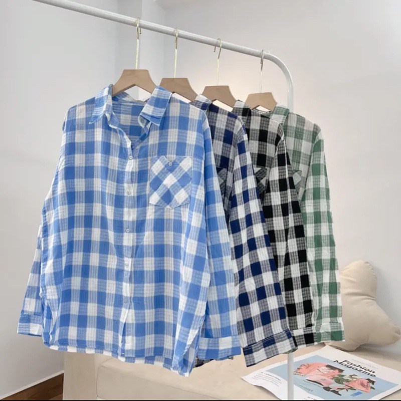 Áo Sơmi Nữ Kẻ Ô Hot Bảng Màu Tươi Xinh Xắn Form Rộng Phong Cách Hàn Quốc