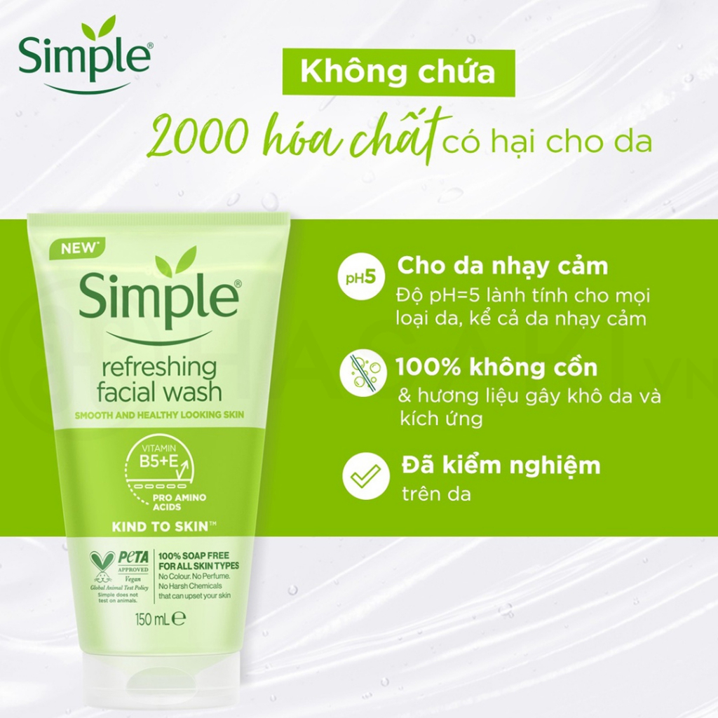 (Mẫu Mới Hàng Rẻ) Sữa Rửa Mặt SIMPLE Kind To Skin Refreshing Facial Wash Gel - Có Tem Phụ 150ml