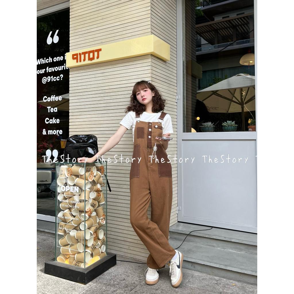 Quần yếm jean dài nâu mix màu  Q819