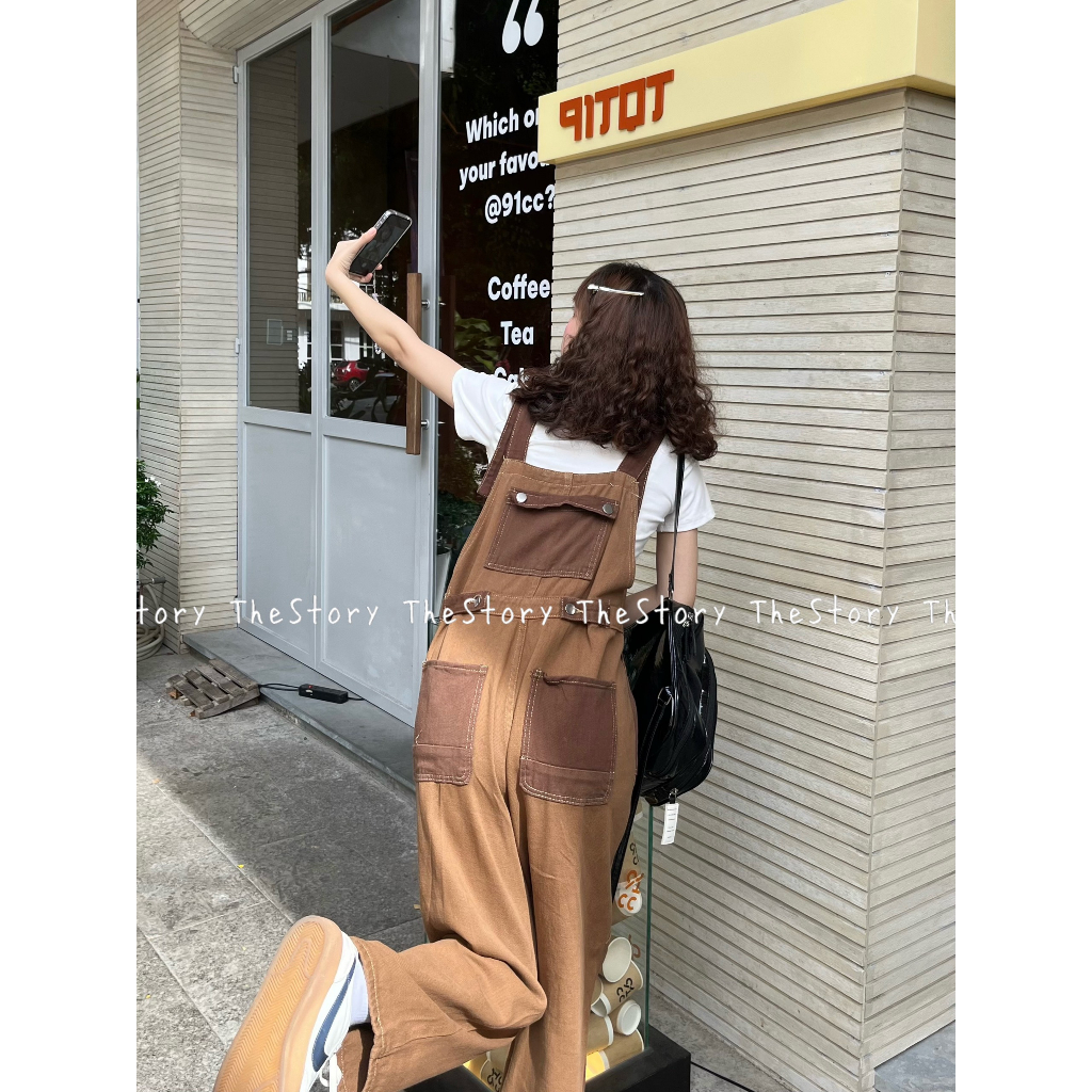 Quần yếm jean dài nâu mix màu  Q819