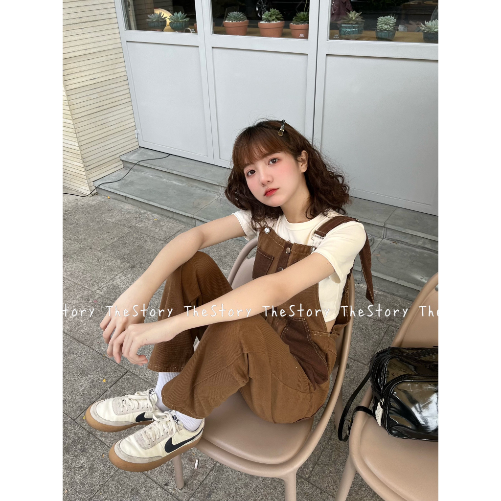 Quần yếm jean dài nâu mix màu  Q819