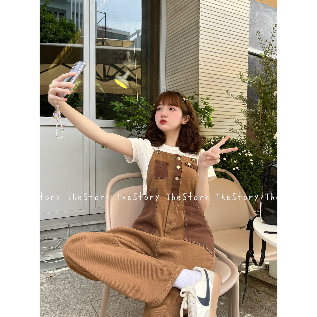 Quần yếm jean dài nâu mix màu  Q819