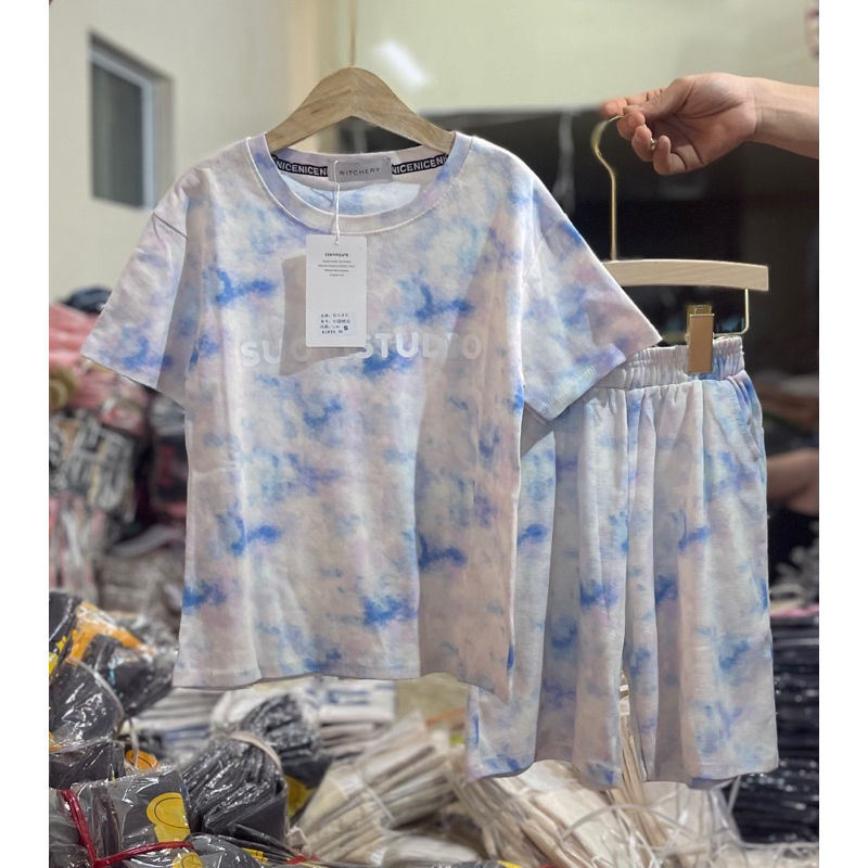 Bộ thun cotton QC xanh loang bé trai, bé gái Sale 69k