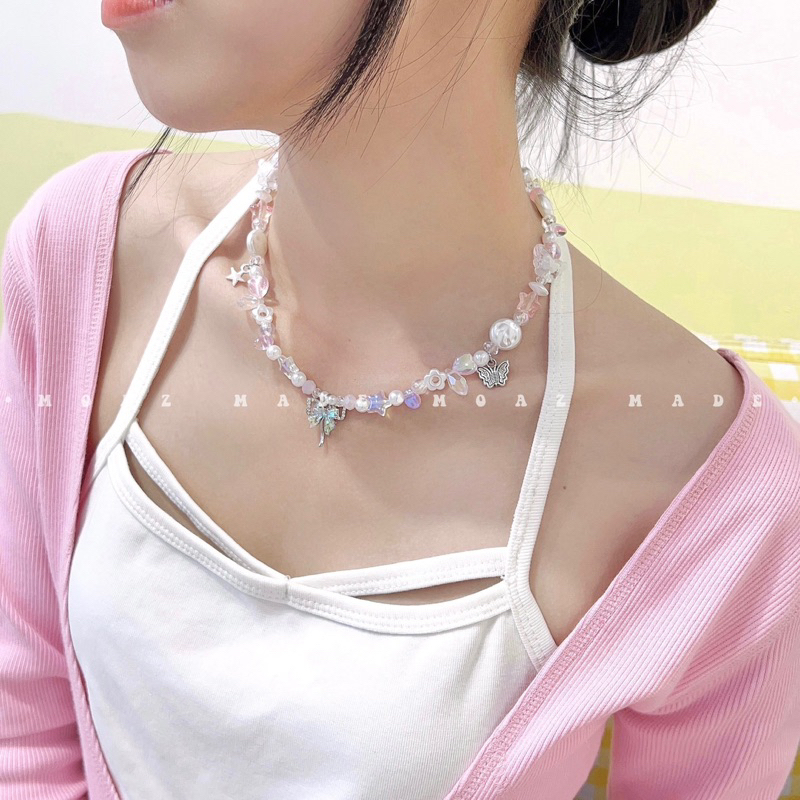 Moazmade | Set vòng cổ và vòng tay hạt cườm hồng pastel công túaa