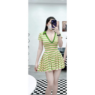 Đầm body dáng xoè sọc xanh