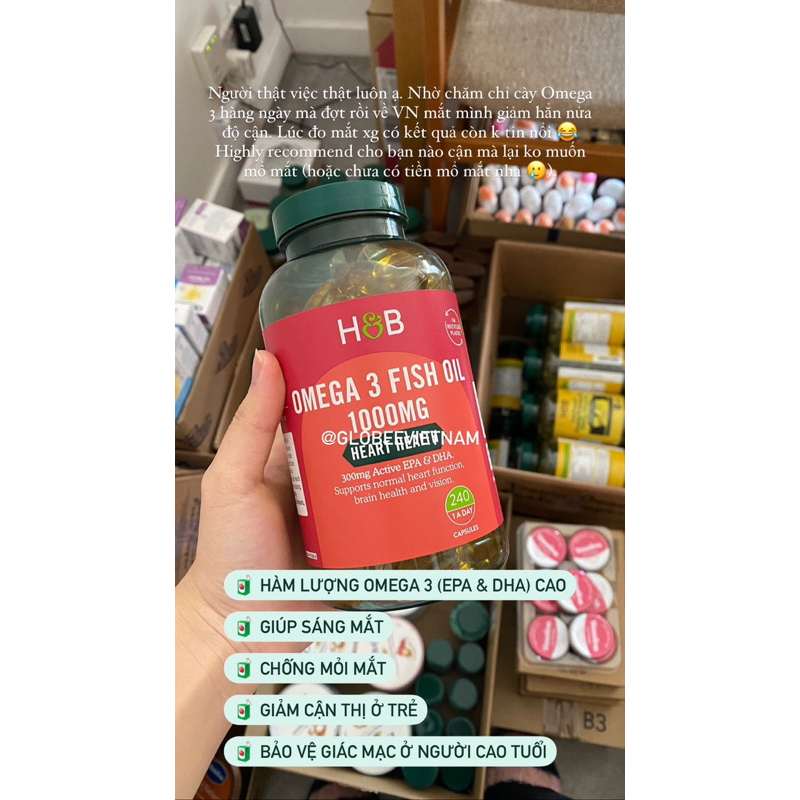 Viên dầu cá SÁNG MẮT bổ sung Omega 3 Holland & Barrett Omega 3 Fish Oil 1000mg