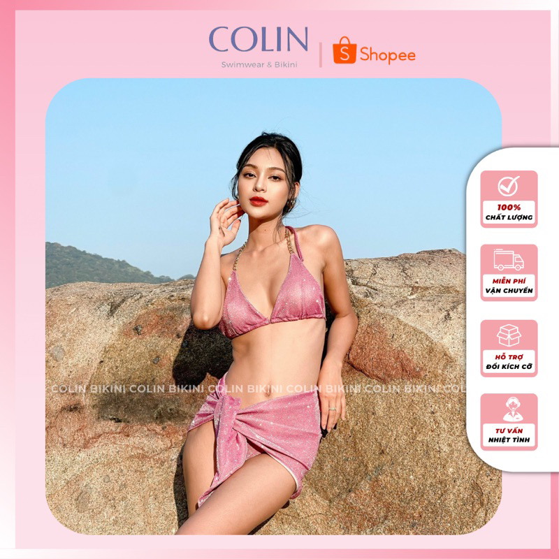 Set Bikini 3 Chi Tiết Nhũ Hồng Tím Lấp Lánh Nổi Bật - Đồ Bơi Đồ Đi Tắm Biển Hai Mảnh Thời Trang Sexy Quyến Rũ