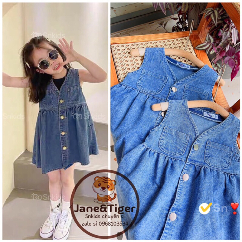 (8-30kg) váy Jean túi thật dáng babydoll, váy bò chất mềm cho bé gái