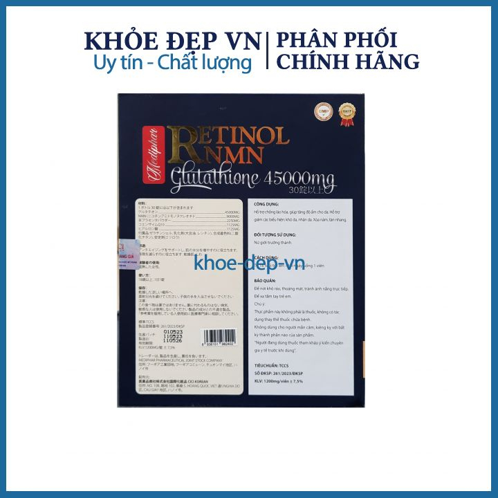 RETINOL NMN Glutathione 45000mg đẹp da, chống lão hoá, giảm nám tàn nhang, giúp tăng độ ẩm cho da Hộp 30 viên