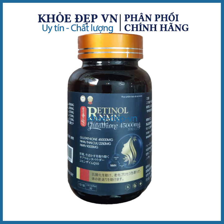 RETINOL NMN Glutathione 45000mg đẹp da, chống lão hoá, giảm nám tàn nhang, giúp tăng độ ẩm cho da Hộp 30 viên
