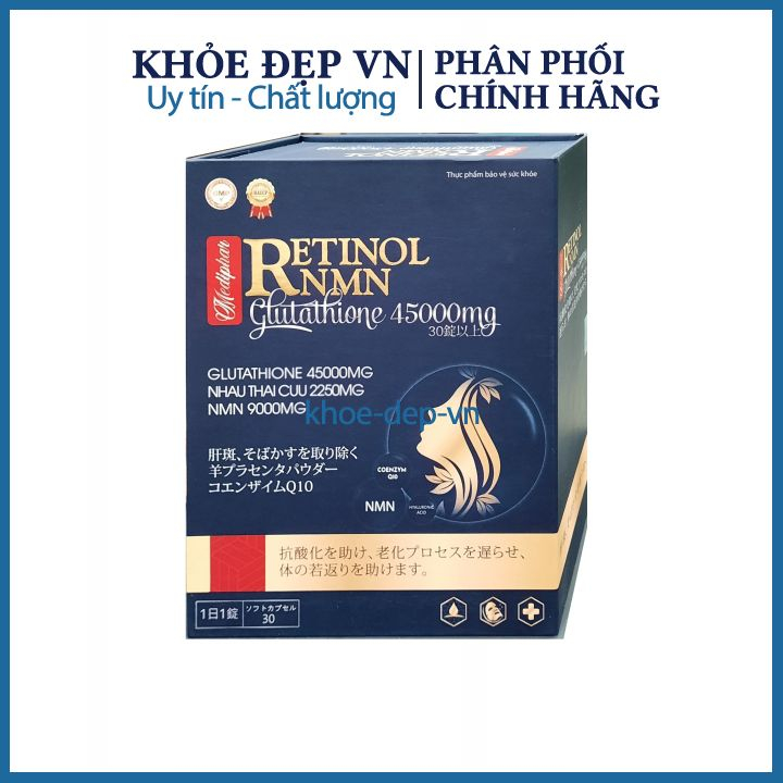 RETINOL NMN Glutathione 45000mg đẹp da, chống lão hoá, giảm nám tàn nhang, giúp tăng độ ẩm cho da Hộp 30 viên