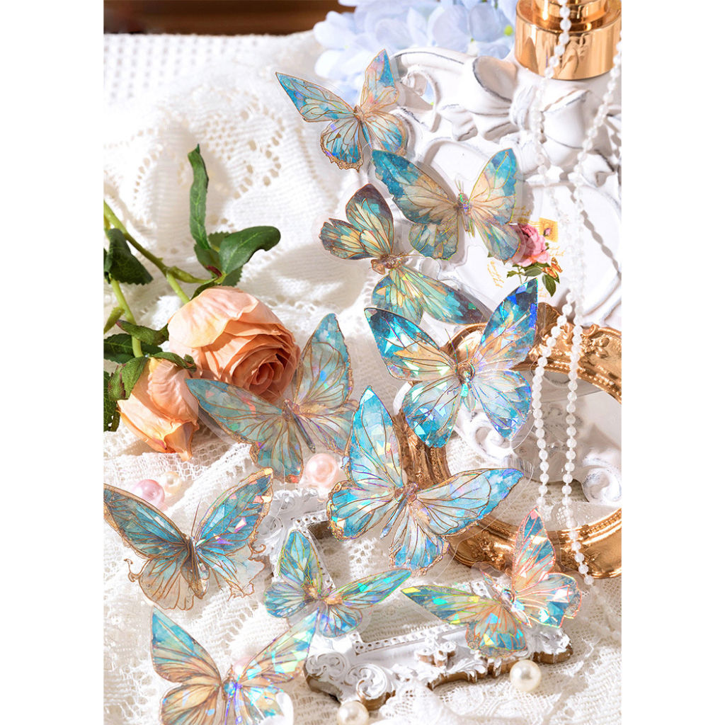 Set 20 Miếng Nhãn dán hình bướm ánh xà cừ không thấm nước dùng dán điện thoại, bìa tập sách, vật dụng trang trí san