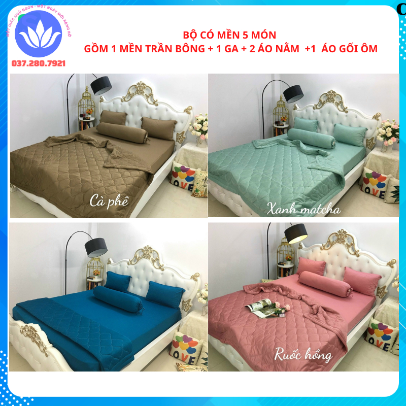 Bộ Drap trải giường thun lạnh hàn quốc 5 món có mền ( gồm 1 mền trần bông + 1 drap + 2 vỏ áo gối nằm + 1 vỏ ôm)