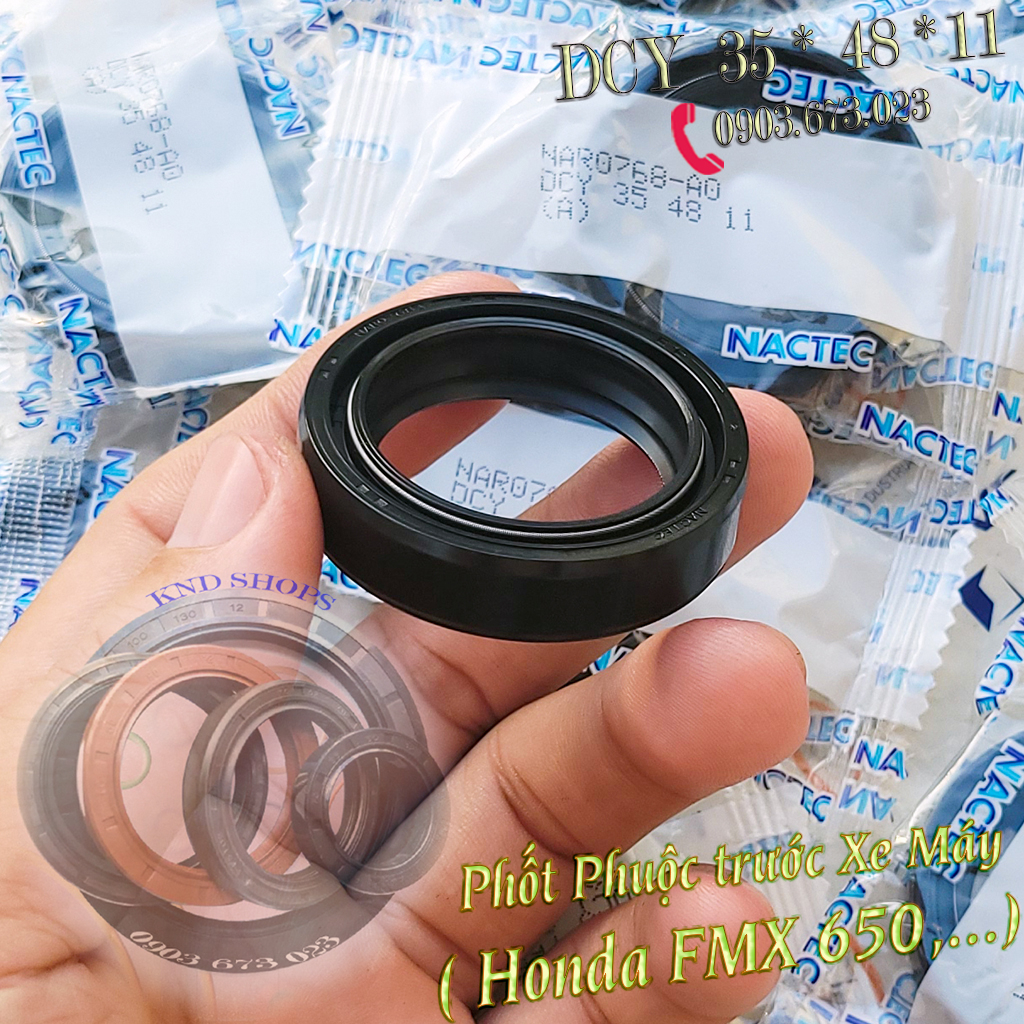 Phốt nhớt phuộc trước Nactec DCY 35*48*11 cho Honda FMX 650, CR80R, XL250,... loại vòng đệm cao su 2 lò xo