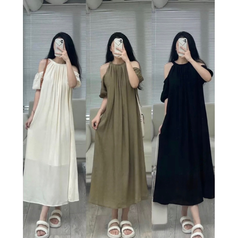 ( Ảnh thật) Váy Tơ Cổ Yếm Trễ Vai 2 Lớp Form Rộng Phong Cách Hàn Quốc-vaycoyem-dd028